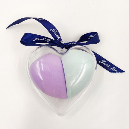 Makeup sponge in heart-shaped box with bow(purple and lightblue)